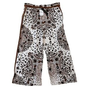 Tahari Women's White and Brown Floral Wide-Leg Lightweight Cropped Pants NWT - L